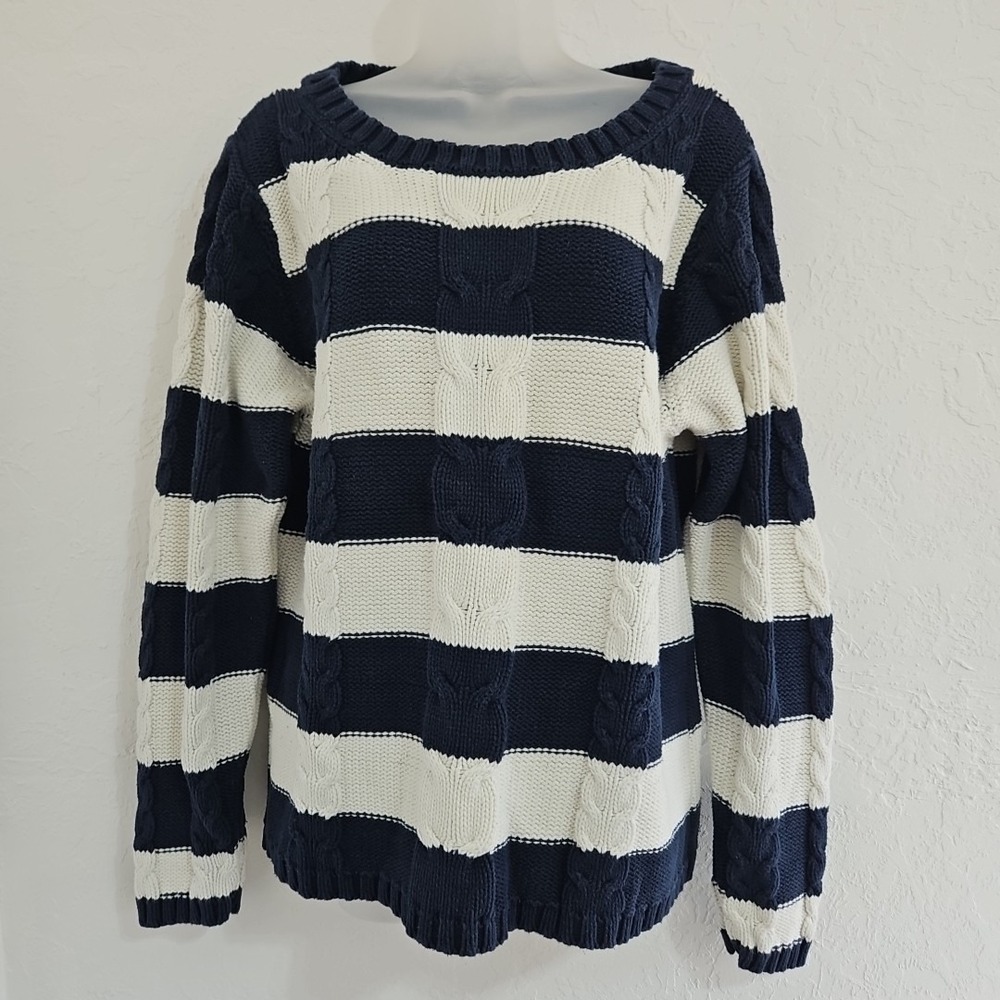 Old Navy Cable Knit Sweater Womens XXL Navy Stripe Cotton Chunky Heavy Nautical